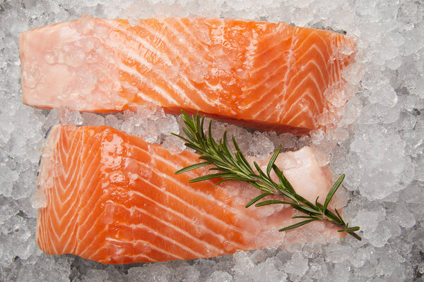 top view of sliced red fish with rosemary branch on crushed ice