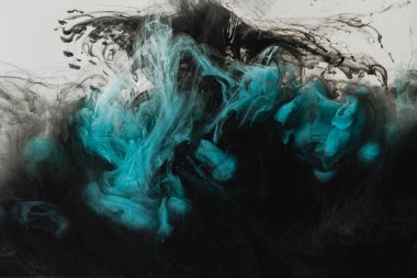 close up view of mixing of light gray, turquoise and black paints splashes in water isolated on gray clipart