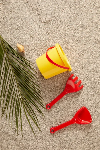 Vlakke Leggen Met Kleurrijke Speelgoed Seashell Groene Palmtak Zand — Stockfoto
