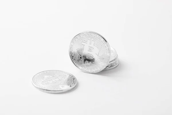 Close Shot Silver Bitcoins White Tabletop — Stock Photo, Image