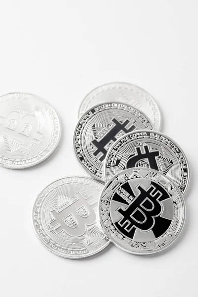 Felülnézet Halom Bitcoins Fehér Felületre — Stock Fotó