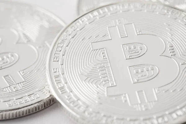 Primer Plano Pila Bitcoins Plata — Foto de Stock