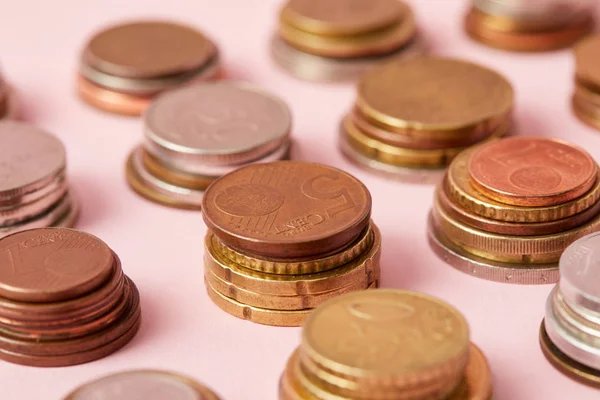 Close Shot Stacks Various Coins Pink — Stock Photo, Image