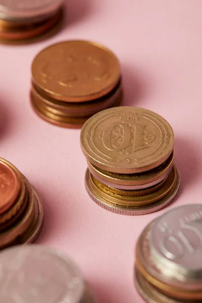 Close Shot Stacks Different Coins Pink — Stock Photo, Image