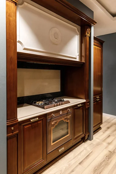Stylish Kitchen Elegant Wooden Counter Stove — Stock Photo, Image