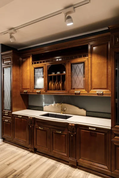 Interior Cozinha Moderna Com Armários Madeira — Fotografia de Stock