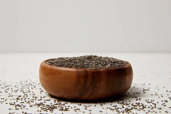 Close View Wooden Bowl Chia Seeds White Surface — Stock Photo, Image