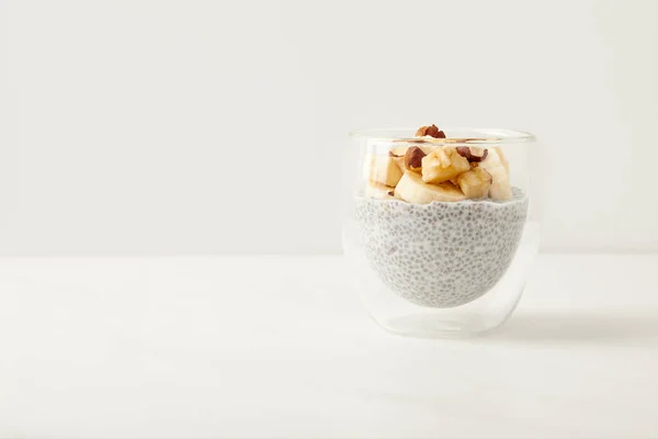 Närbild Bild Välsmakande Chia Utsäde Pudding Med Bitar Banan Och — Stockfoto