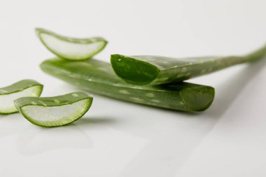 aloe vera closeup çekim dilimler beyaz yüzey üzerinde bırakır.