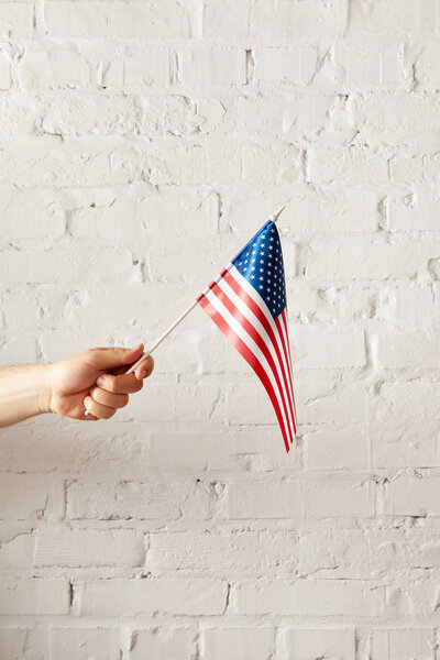 cropped image of man holding american flagpole against white brick wall 
