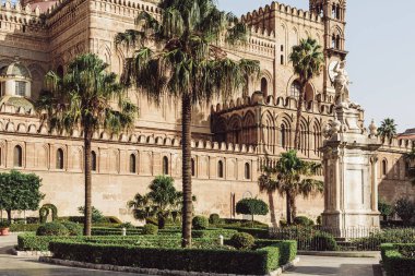 Palermo, İtalya - 3 Ekim 2019: Palermo Katedrali yakınlarındaki villa bonanno 'da palmiye ağaçları