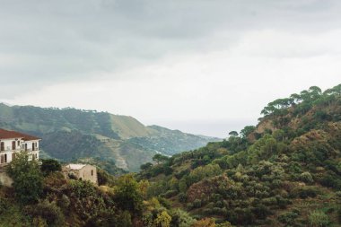 Savoca, İtalya 'daki küçük evlerin yakınındaki tepelerde yeşil ağaçlar. 