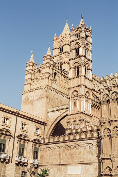 PALERMO, ITALY - OCTOBER 3, 2019: low angle view of cathedral of palermo against blue sky