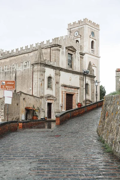 Savoca Italy October 2019 Paving Stones Road Church San Nicolo — Stock Photo, Image