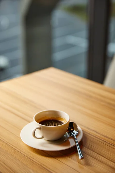 Selective Focus Cup Coffee Spoon Wooden Table Cafe — Stock Photo, Image