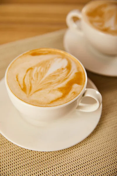 Selective Focus Tasty Cappuccino White Cups Table — Stock Photo, Image