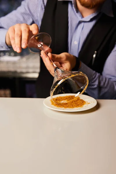 Cropped View Bearded Barman Holding Margarita Glass Saucer Brown Sugar — Stock Photo, Image