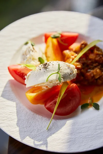 delicious eggplant caviar with tomato and butter served in restaurant in sunlight