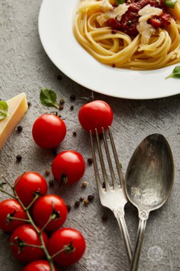 Domates soslu leziz bolonez makarna ve malzemelerin yanında beyaz tabakta parmesan ve gri arka planda çatal bıçak takımı.