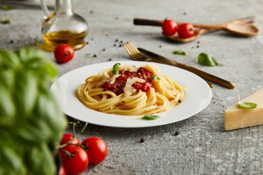 Domates soslu leziz bolonez makarna ve malzemelerin yanında beyaz tabakta parmesan ve gri arka planda çatal bıçak.