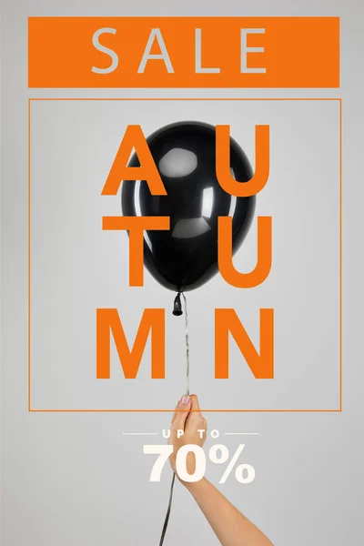 Cropped View Woman Holding Black Balloon Isolated Grey Autumn Sale — Stock Photo, Image