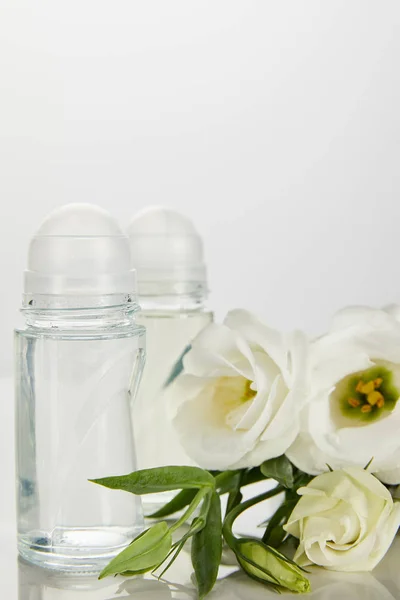 Rotolare Bottiglie Deodorante Con Rose Isolate Bianco — Foto Stock