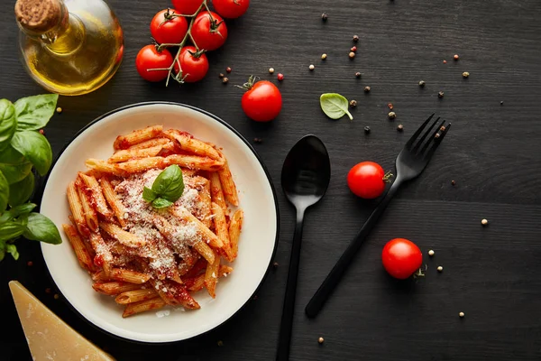 Top View Tasty Bolognese Pasta Tomato Sauce Parmesan White Plate — Stock Photo, Image