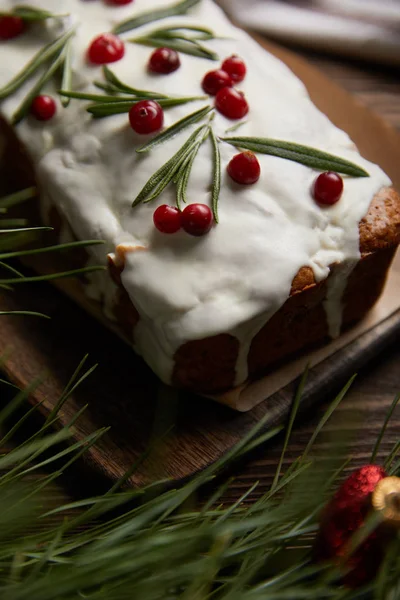 Επιλεκτική Εστίαση Της Παραδοσιακής Χριστουγεννιάτικης Τούρτας Cranberry Κοντά Κλαδί Πεύκου — Φωτογραφία Αρχείου