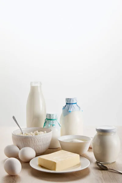 Various Fresh Organic Dairy Products Eggs Wooden Table Isolated White — Stock Photo, Image