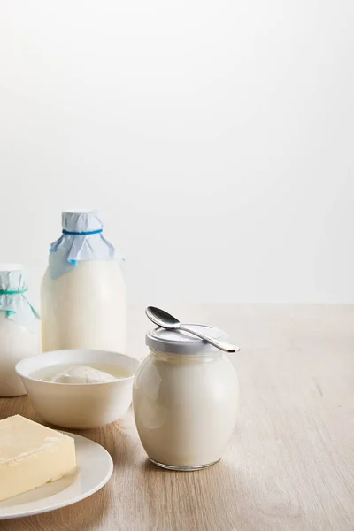 Fresh Organic Dairy Products Wooden Table Isolated White — Stock Photo, Image