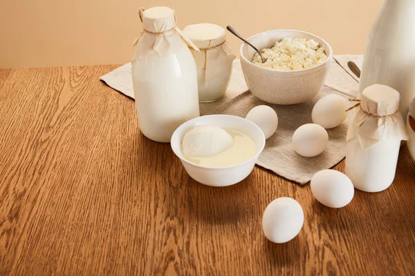 Various Fresh Organic Dairy Products Eggs Rustic Wooden Table Isolated — Stock Photo, Image