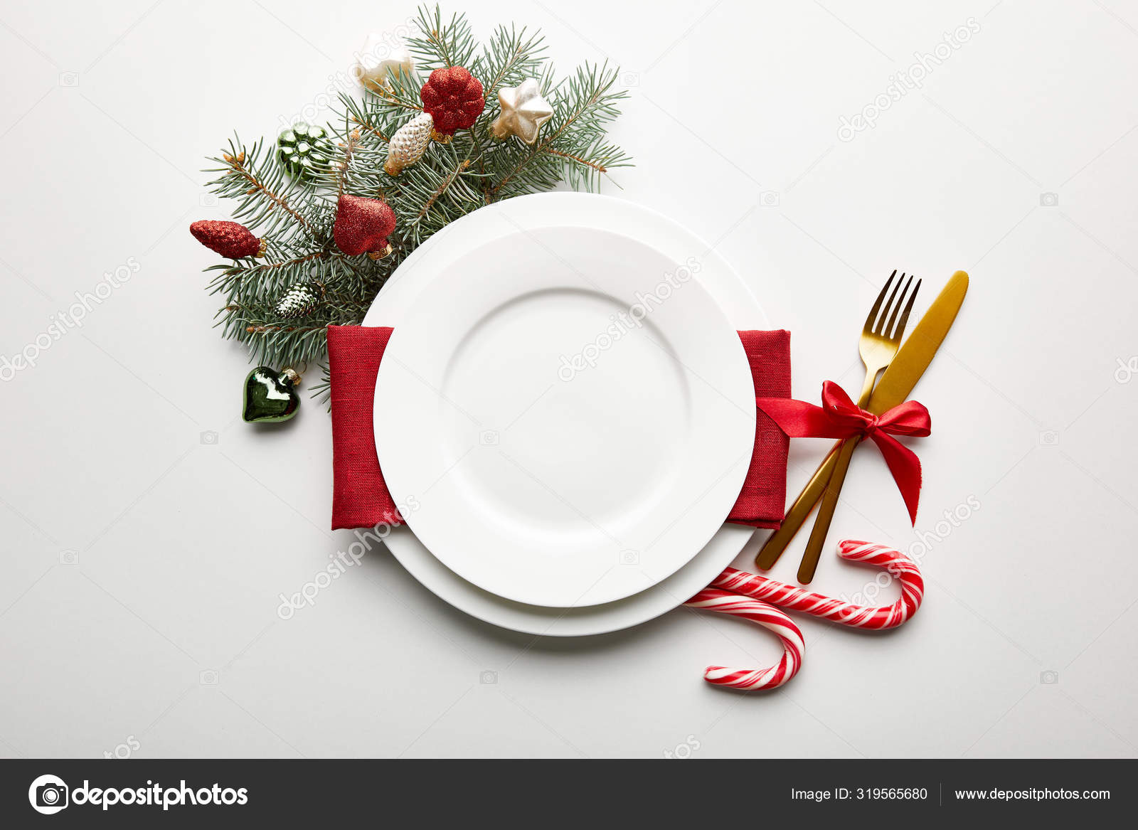 Top View Festive Christmas Table Setting White Background Decoration ...