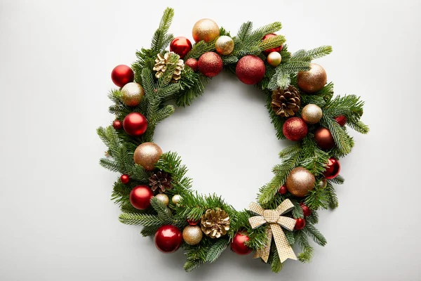 Top View Festive Christmas Wreath Baubles White Background Stock Photo