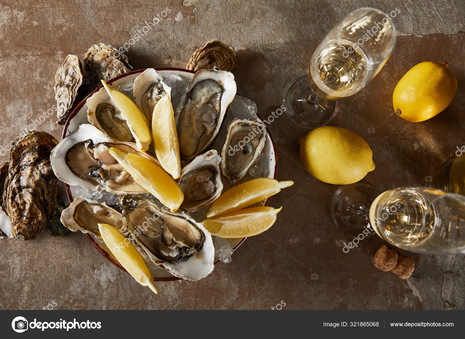 Top View Delicious Oysters Lemons Bowl Champagne Glasses Sparkling Wine