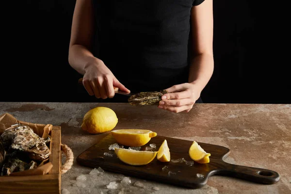 Cropped View Woman Holding Knife While Opening Oyster Isolated Black — Stock Photo, Image