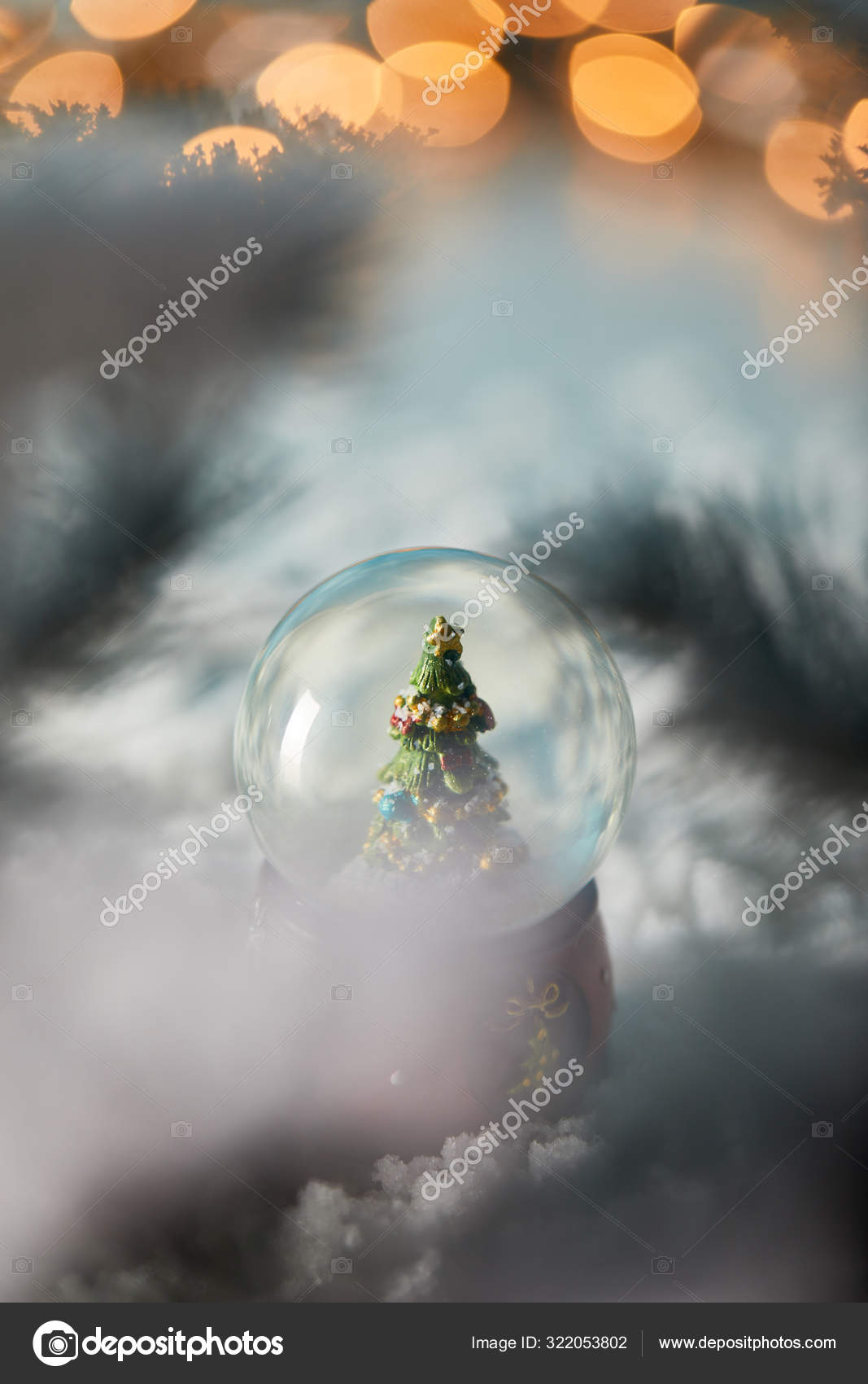 Selective Focus Snowball Christmas Tree Standing Blue Snow Spruce