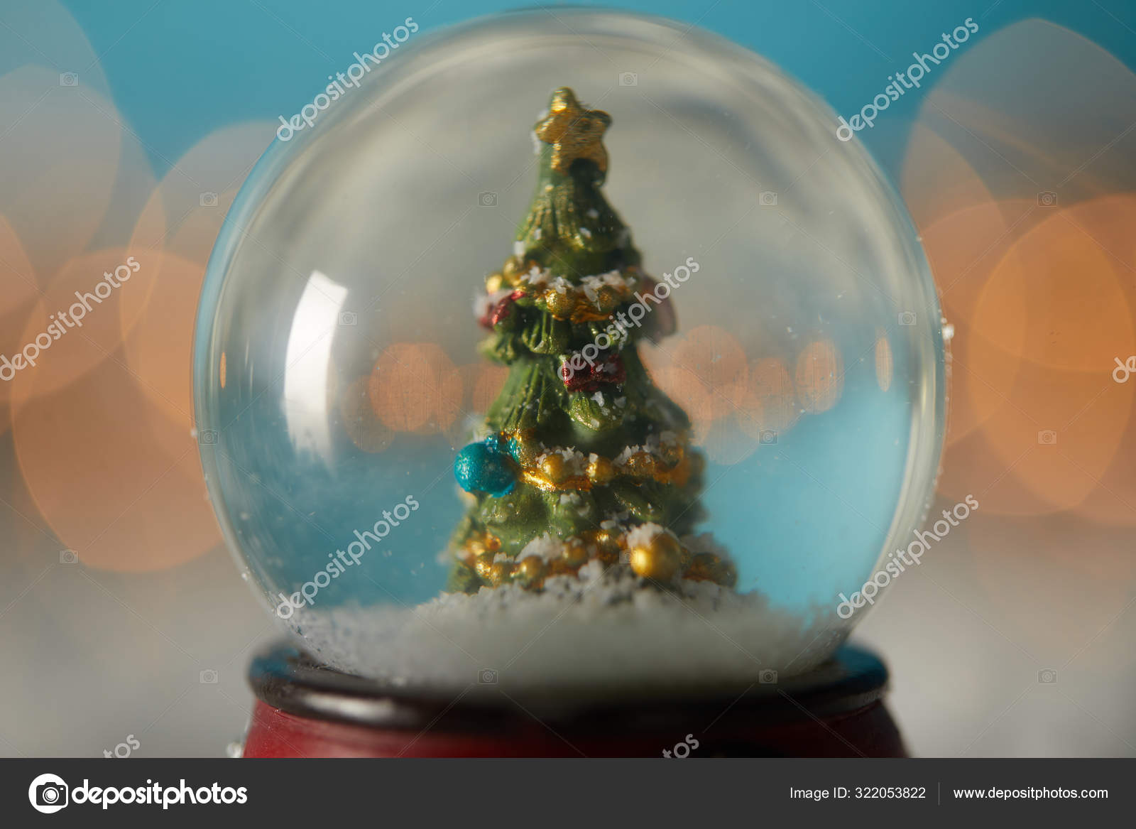 Close Snowball Christmas Tree Standing Blue Snow Spruce Branches Lights