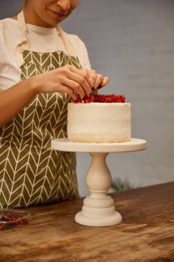 Cropped view of smiling confectioner decorating cake with sweet redcurrant clipart