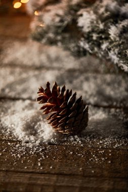 Çam kozalağı ahşap masada ladin dalları ve Noel 'de kar.