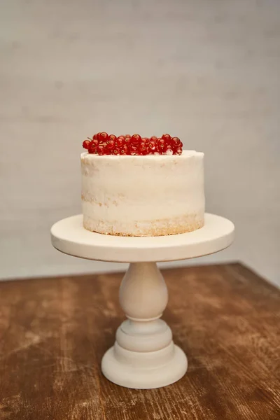 Pasta Standında Kırmızı Üzümlü Kremayla Süslenmiş Sünger Kek — Stok fotoğraf