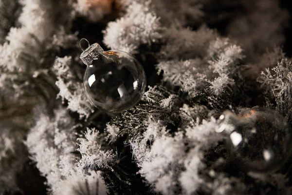 Decoratieve Transparante Kerstballen Sparren Takken Sneeuw — Stockfoto