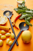 Organikus zöldségek citrommal és bazsalikommal narancssárga alapon