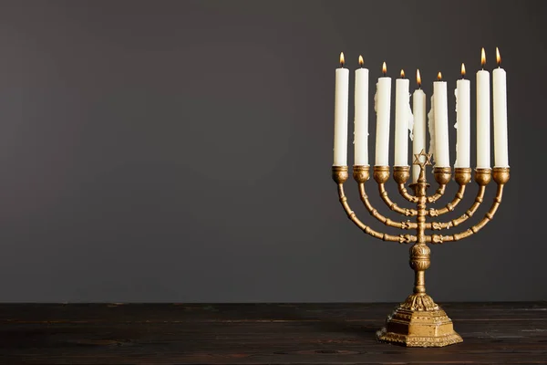 Burning Candles Menorah Wooden Table Isolated Grey — Stock Photo, Image