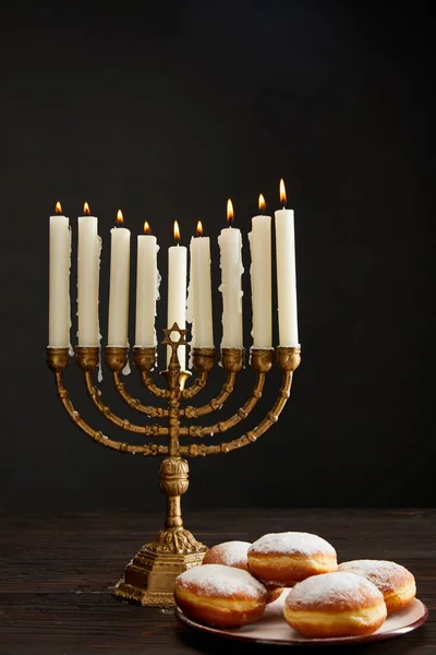 Delicious Doughnuts Burning Candles Menorah Hanukkah Isolated Black — Stock Photo, Image