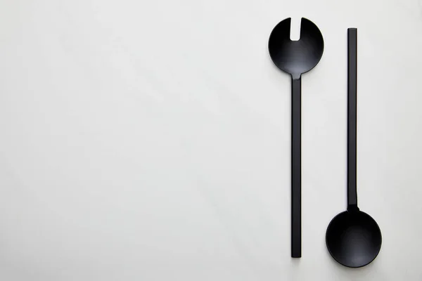 Top View Black Ladle Spoon Marble Background — Stock Photo, Image