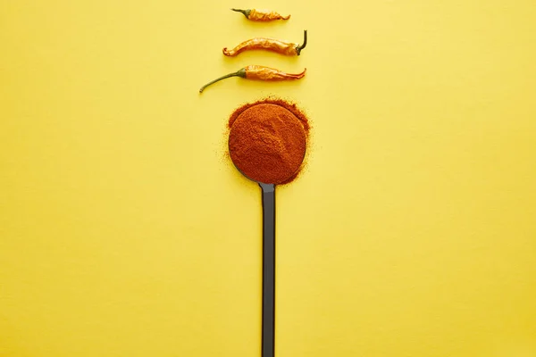 Top View Chili Peppers Spice Spoon Yellow Background — Stock Photo, Image