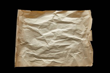 top view of empty crumpled vintage paper isolated on black clipart