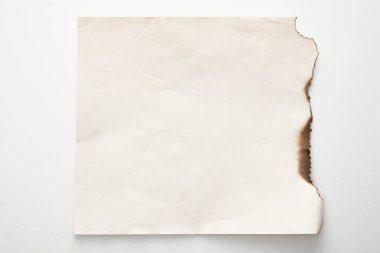 Beyaz arkaplandaki boş yanmış eski kağıt üst görünümü
