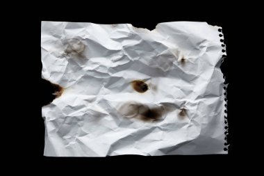 top view of empty white crumpled and burnt vintage paper isolated on black clipart