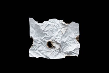 top view of empty white crumpled and burnt vintage paper isolated on black clipart